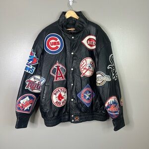 Vintage JH Design MLB patches black leather bomber coat jacket size 4Xl baseball